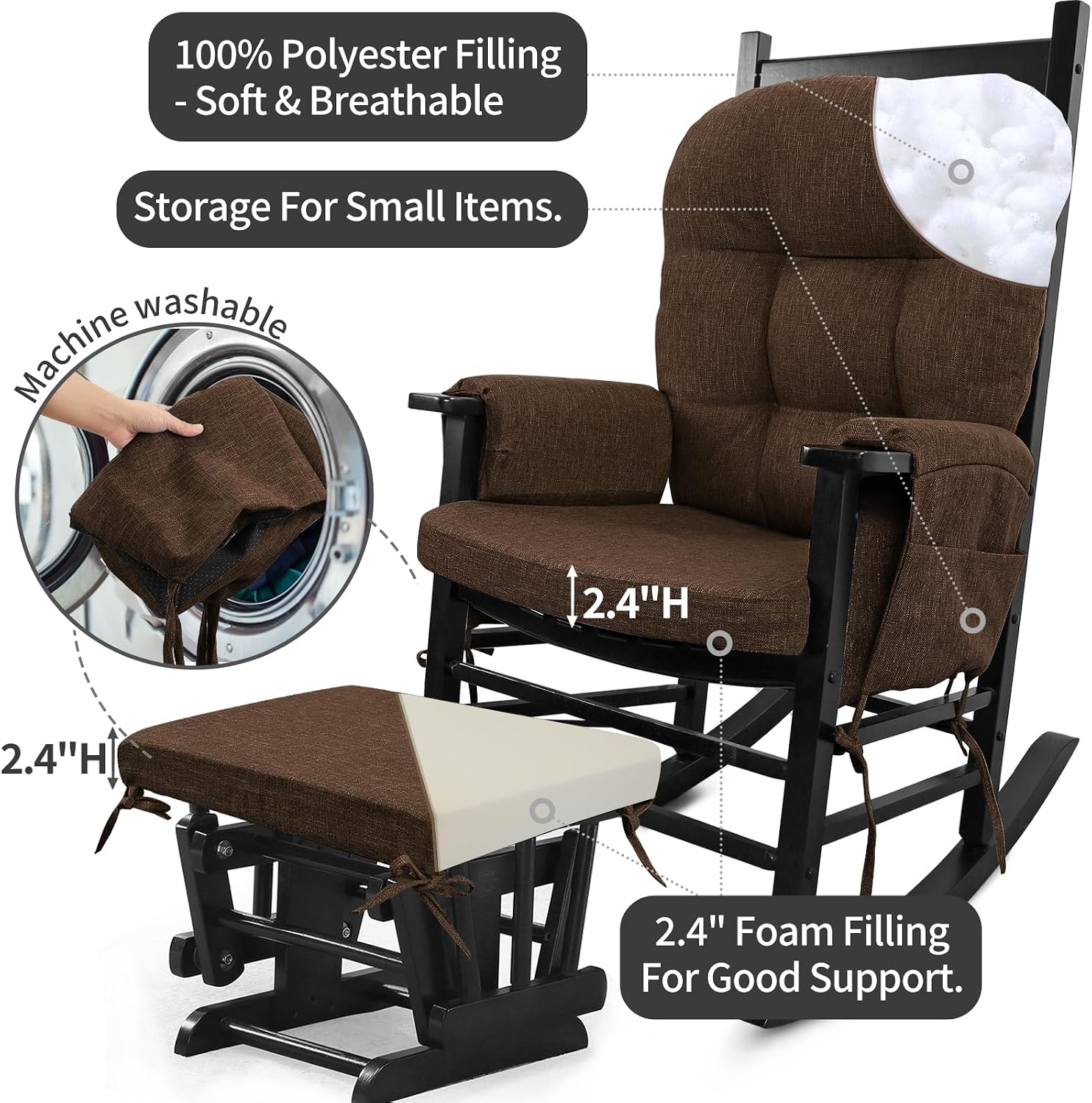 BUYUE Glider Rocker Replacement Cushion 5 PCS with Ties, Linen High-Density Foam Non-Slip & Washable Rocking Chair Pads for Sitting, Chocolate