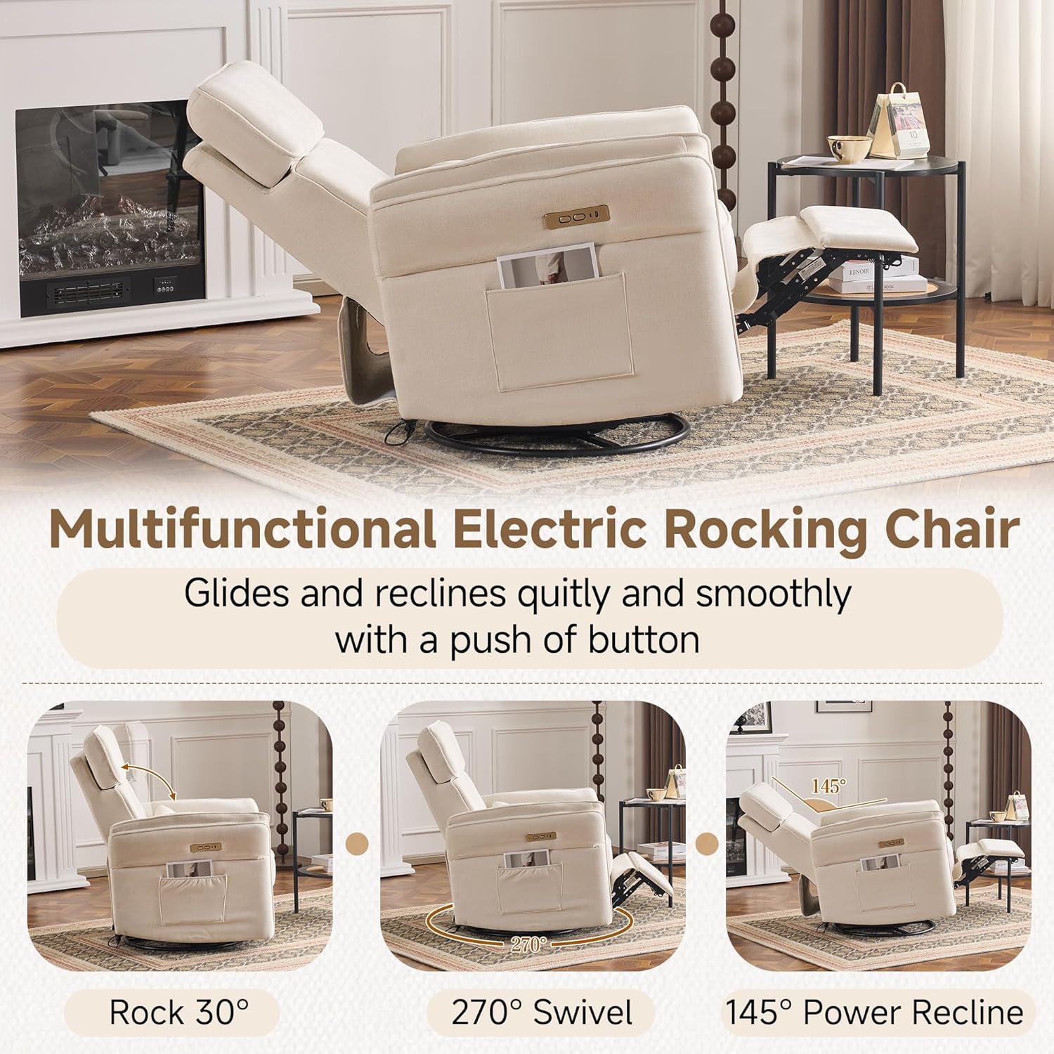 MELLCOM Power Recliner Rocking Chair Nursery Gliders with Adjustable Armrests and Headrest, Swivel Electric Glider Reclining Nursing Chair with Storage Bags and USB Port, FSC Certified,Beige Fabric
