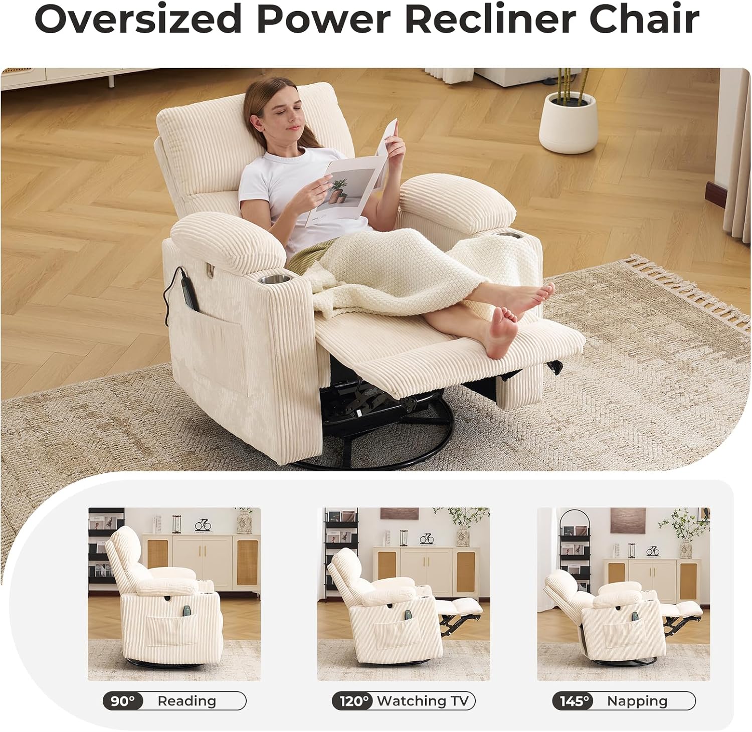 Oversized Power Recliner Chair Swivel Glider with Massage and Heat, Swivel Rocker Recliner with Adjustable Armrests, Nursery Chair with Adjustable Headrest, Rocker Nursery Recliner, Corduroy Beige
