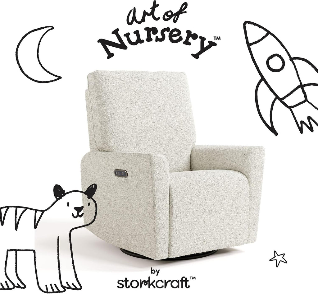 Storkcraft Santorini Deluxe Power Recliner Swivel Glider (Ivory Boucle) – Premium Electronic Power Recliner for Nursery, Includes Dual-USB Charging Port for USB-A & USB-C, Glider Rocking Chair