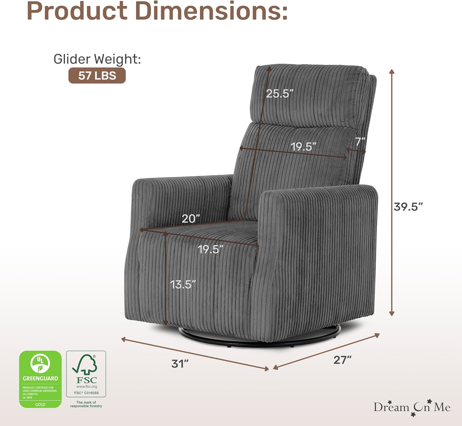 Dream On Me Oliver Swivel Glider with 360-Degree Swivel and Plush Corduroy Fabric, FSC Certified.