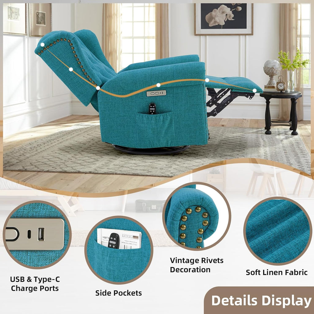 Power Swivel Rocking Glider Recliner Chair with Massage and Heat, Electric Nursery Glider Rocker for Living Room, Wingback Tufted Upholstered Recliner Chair with Type-C & USB Ports, Teal