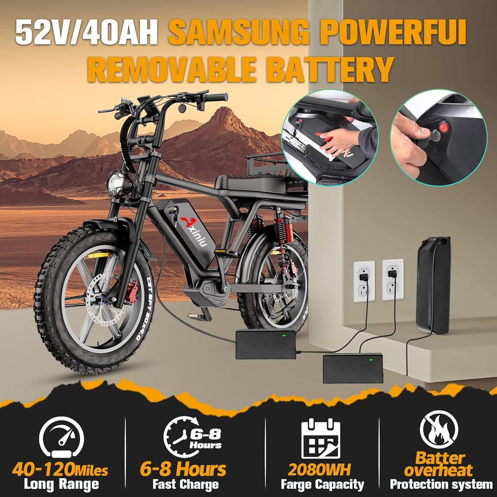 Electric Bike for Adults, 52V 40Ah Battery Peak 2000W Motor 35MPH, 50-180 Miles, 20' Fat Tire Dirt Bicycle Dual Suspension All Terrain Motorcycle, Moped Style Ebike for Mountains Snow Sand Road