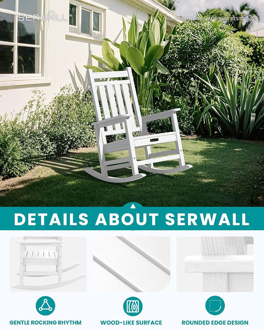 SERWALL SEWALL Oversized Outdoor Rocking Chair with Cushion, Patio Rocking Chairs for Porch, White HDPR Rocker+Flower Cushion