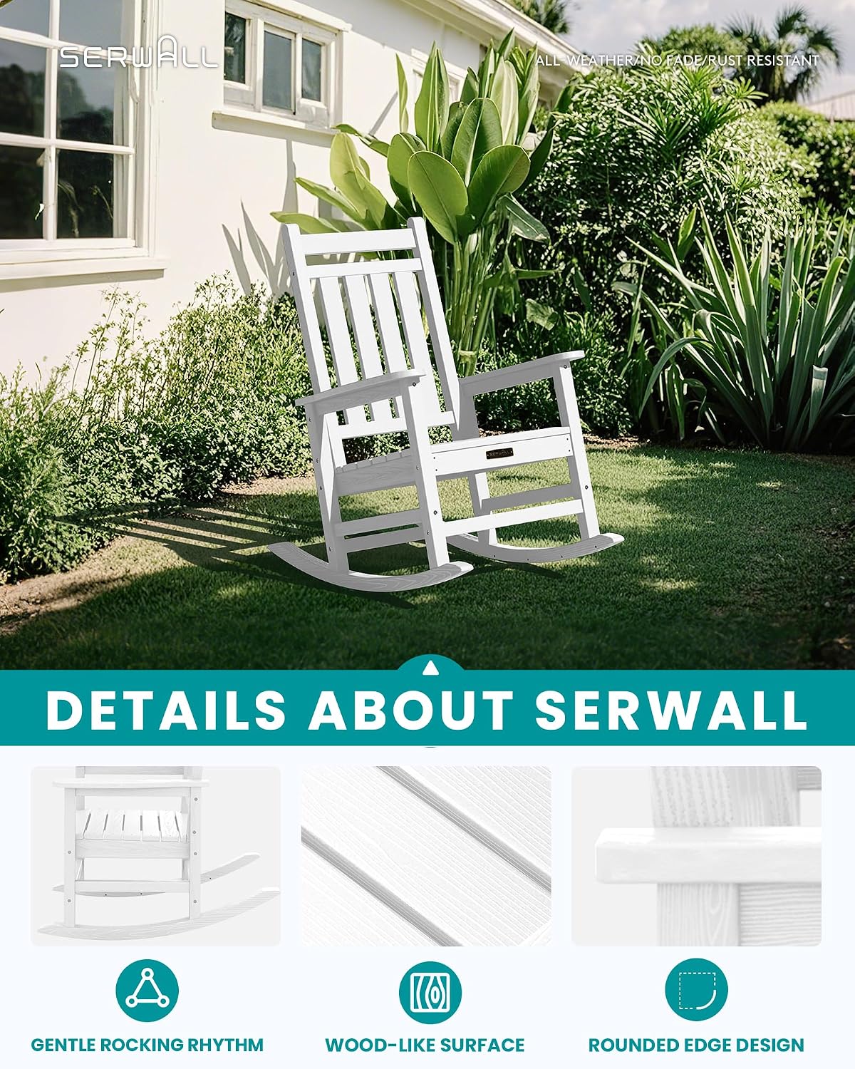 SERWALL SEWALL Oversized Outdoor Rocking Chair with Cushion, Patio Rocking Chairs for Porch, White HDPR Rocker+Flower Cushion