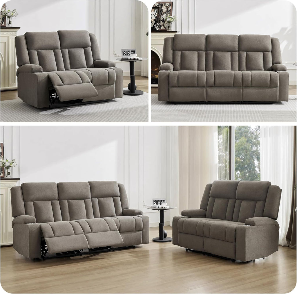 Recliner Sofa with Cup Holders, 3-Seater Fabric Reclining Couch, Manual Recliner Wall Hugger for Living Room, Home Theater, Small Spaces (Light Brown)