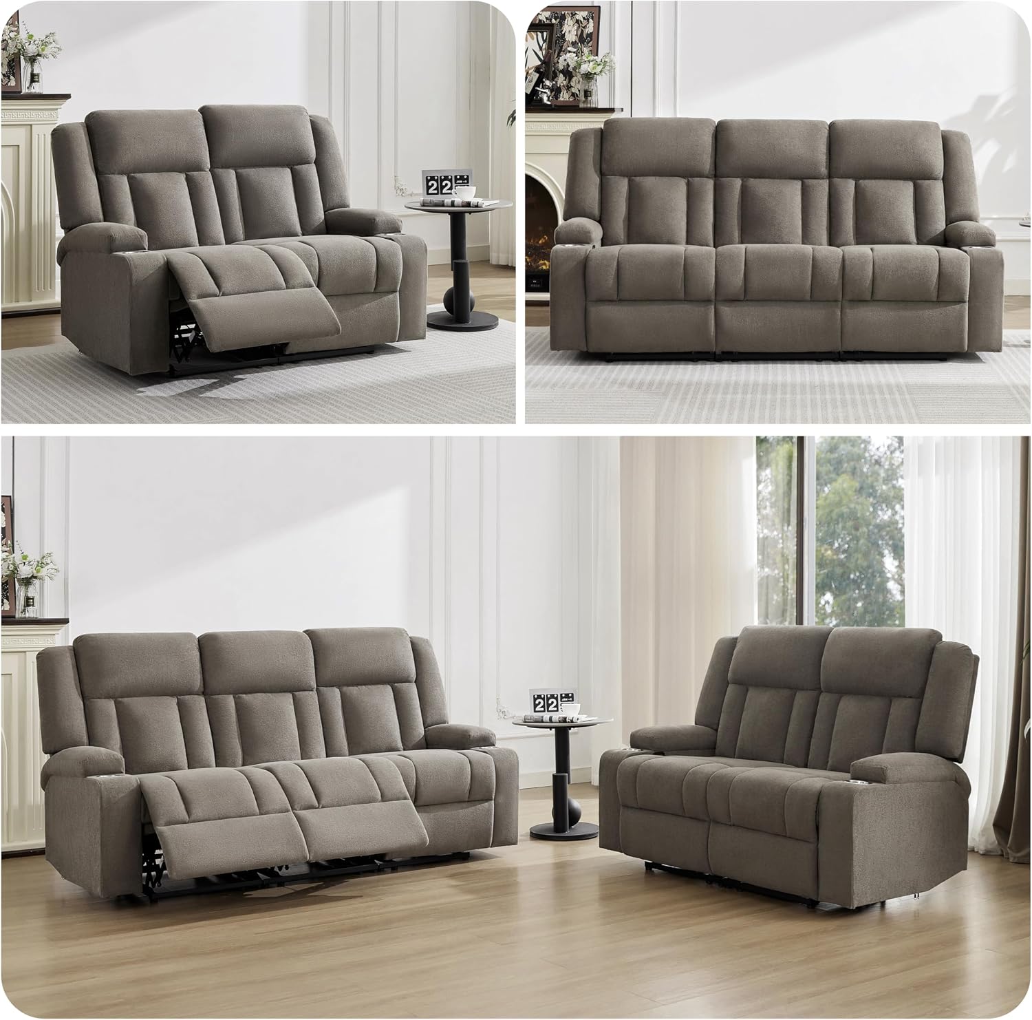 Recliner Sofa with Cup Holders, 3-Seater Fabric Reclining Couch, Manual Recliner Wall Hugger for Living Room, Home Theater, Small Spaces (Light Brown)