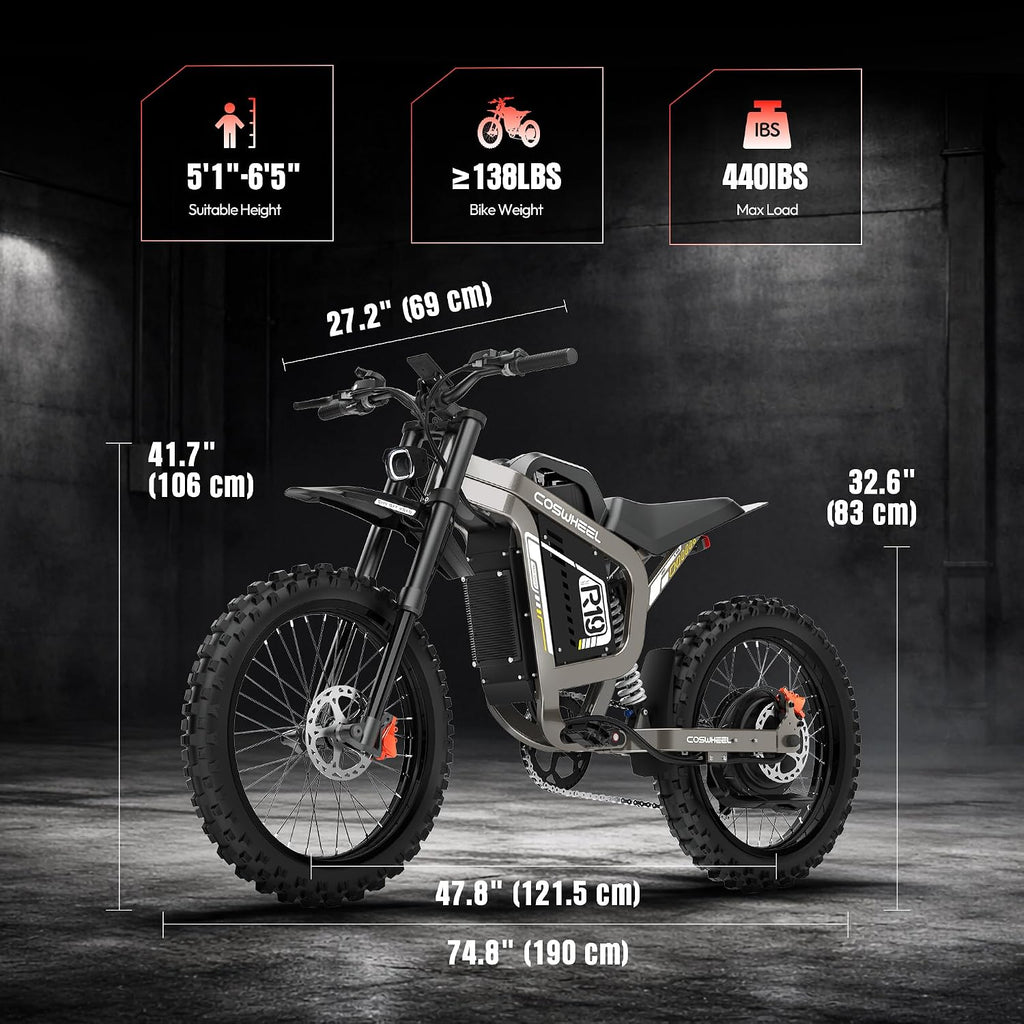 COSWHEEL Electric Dirt Bike for Adults, 9000W Peak Motor Electric Motorcycle, 72V 40Ah Battery, Up to 60MPH Off Road Electric Bike, 19' Dirt Tires, Dual Suspension, Hydraulic Brakes
