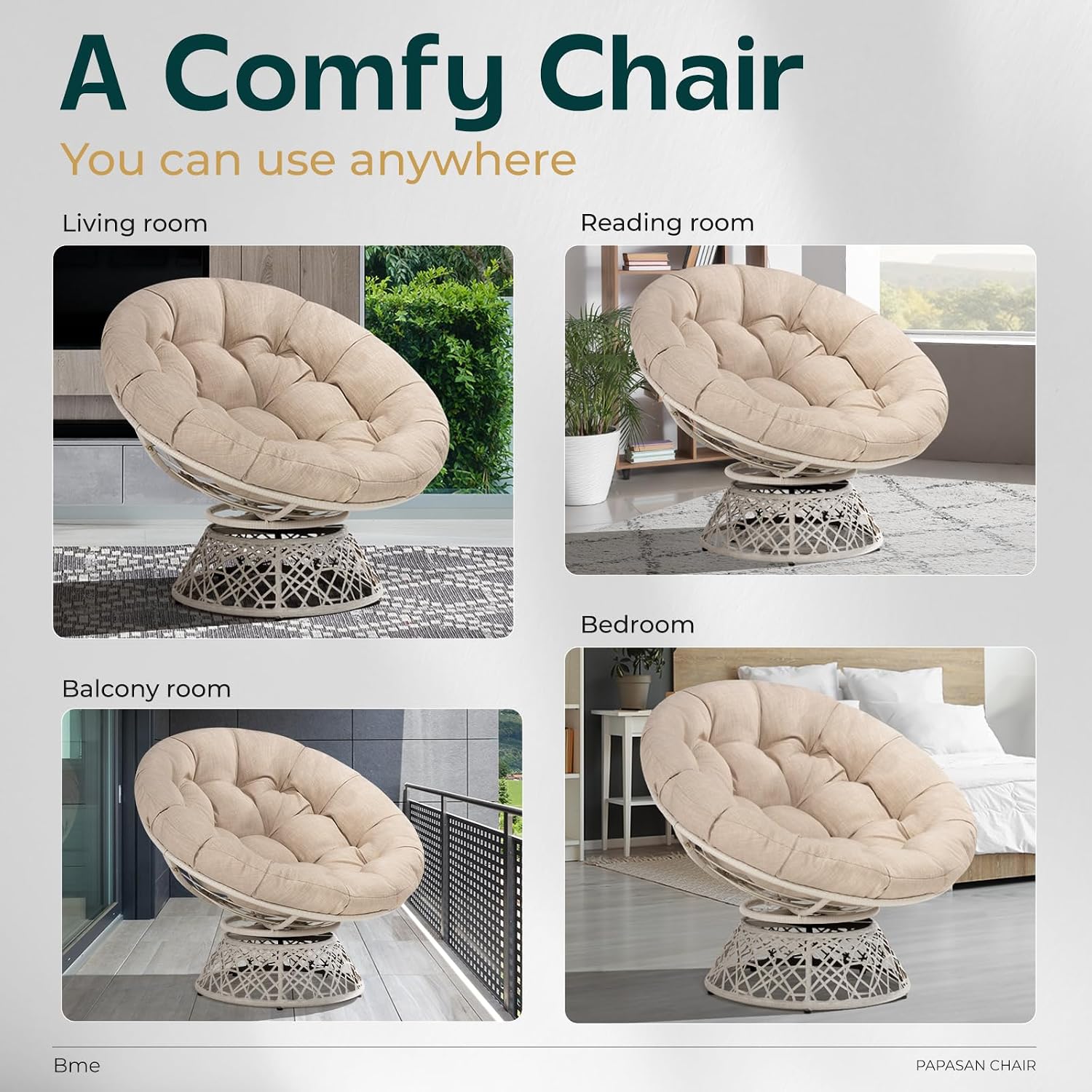 Bme 40' Ergonomic Wicker Papasan Chair with Soft Thick Density Fabric Cushion, High Capacity Steel Frame, 360 Degree Swivel for Living, Bedroom, Reading Room, Lounge
