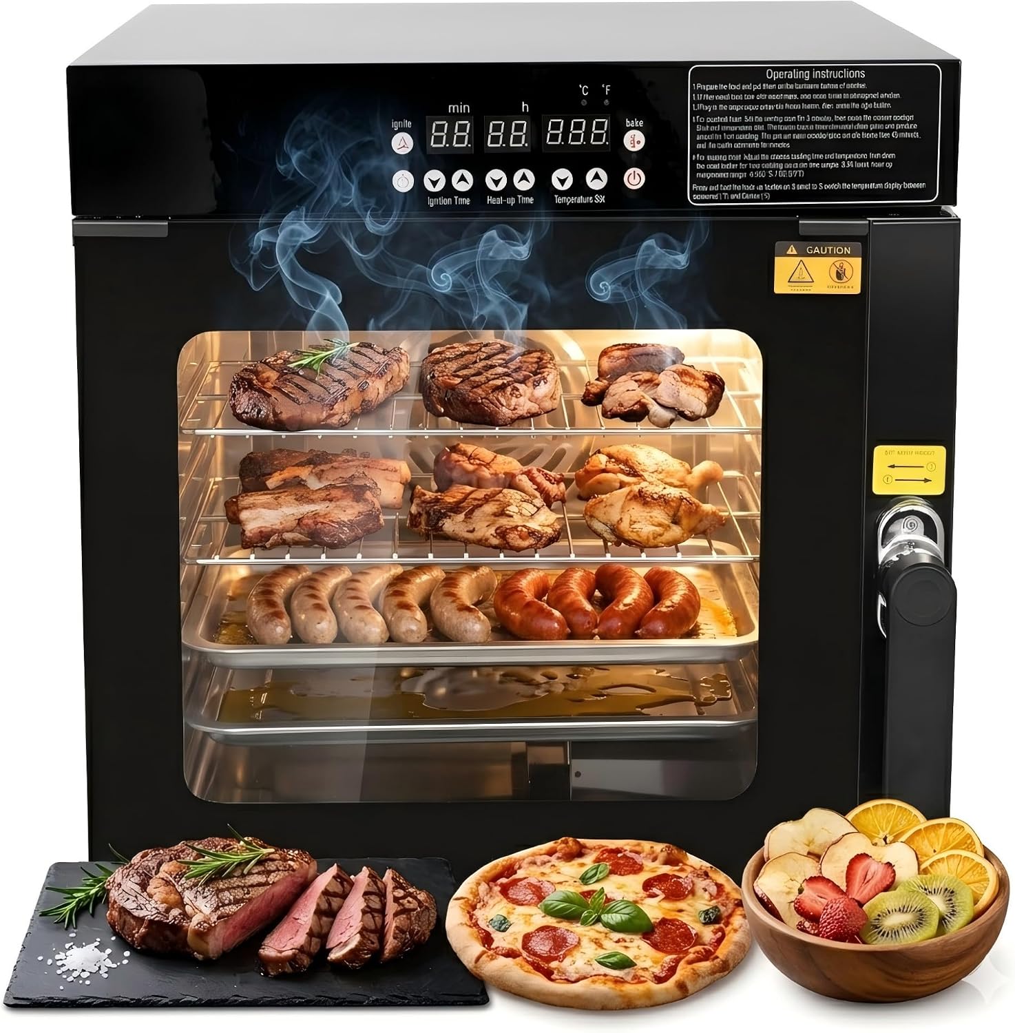 CLIVIA 3-in-1 Countertop Electric Smoker & Oven, 500°F High-Heat Roaster & Dehydrator, Stainless Steel with Viewing Window, 2-Tier Adjustable Racks, Side-Loading Wood Chip Box for Jerky, Baking & BBQ