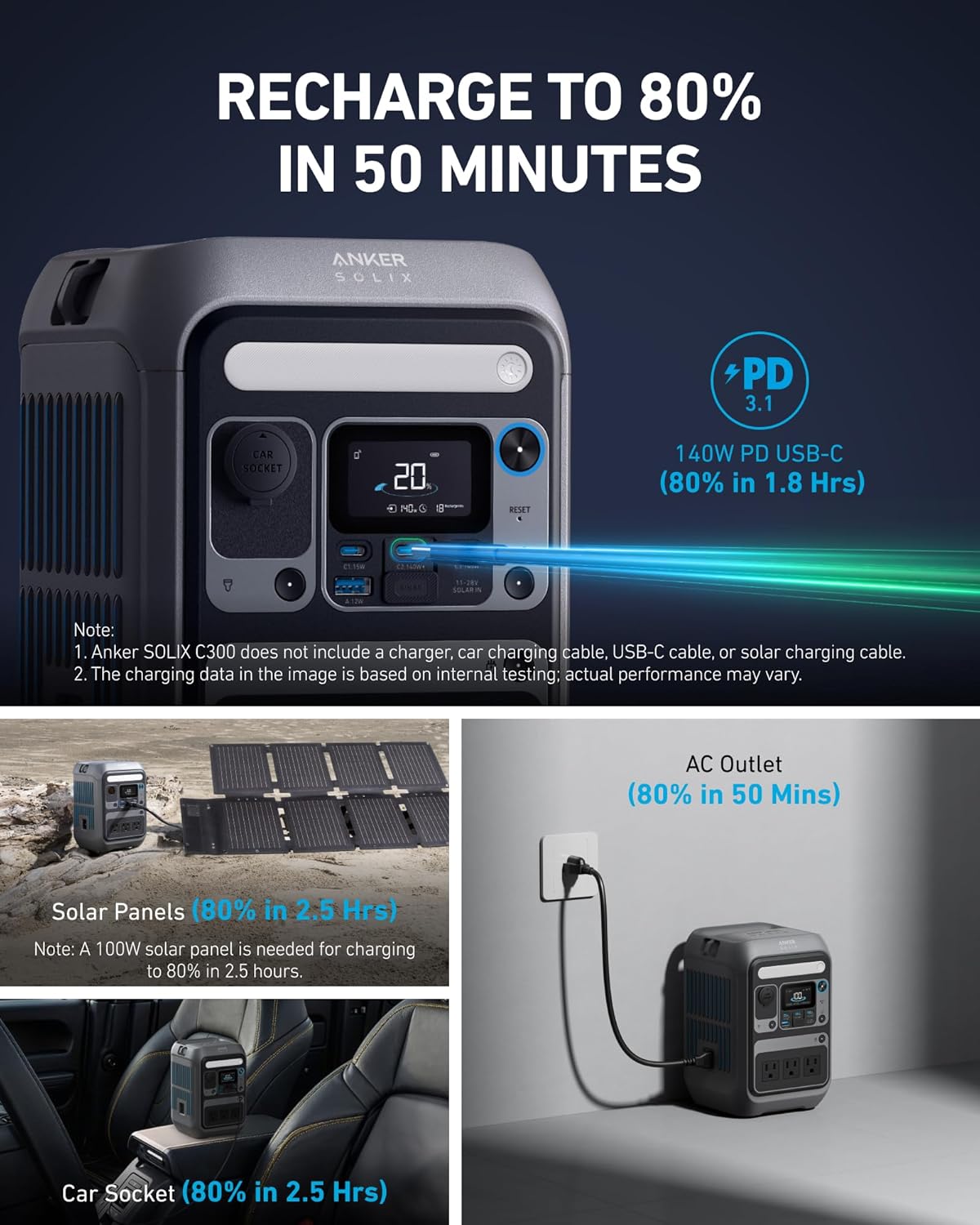 Anker SOLIX C300 Portable Power Station with Car Charging Cable, Outdoor 288Wh LiFePO4 Battery, 300W (600W Surge) Solar Generator, 140W Two-Way Fast Charging, for Camping, Traveling, and Emergencies.