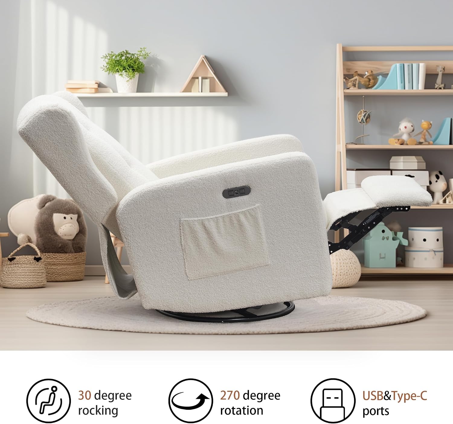Ketaiyou Power Swivel Rocking Recliner Chair, High Back Electric Rocker Nursery Glider Chair, USB and Type-C Ports, Upholstered Teddy Fabric Reclining Single Sofa Chair for Living Room (Teddy Beige)