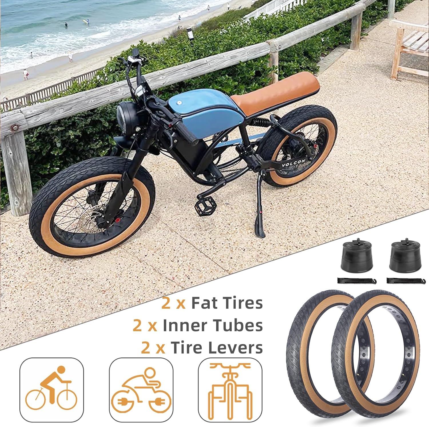 26 x 4.0 Inch 2 Pcs E-Bike Fat Tires with Inner Tubes and Tire Levers Set,Puncture Proof Replacement Tire Compatible with Mountain Beach Snow or 3-Wheel Bikes