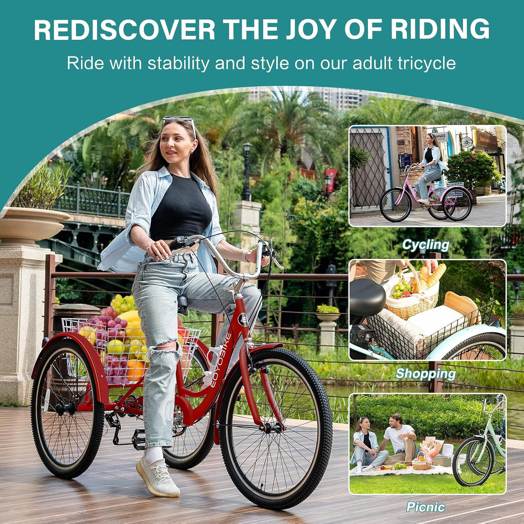 MOPHOTO Adult Tricycle 7 Speed, 20/24/26 Inch Low Step-Through Adult Trike with Large Rear Basket, 350 lbs Capacity 3 Wheel Bike for Seniors, Women and Men