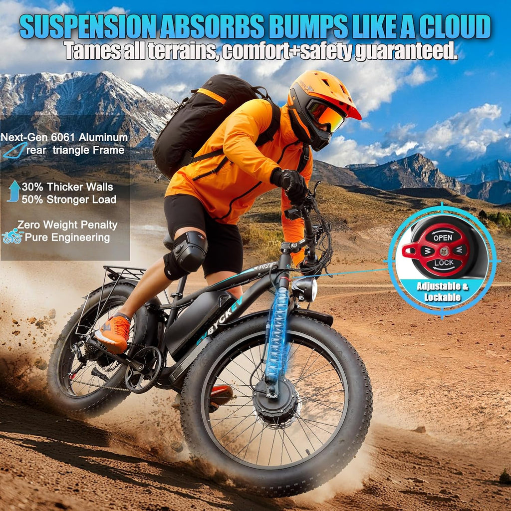 8000W Peak Electric Bike 60V 26Ah Dual Motor Ebike for Adults, 47MPH Up to 100Miles Fast Ebike, 24Inches Fat Tire E Bike,Lockable Suspension Mountain E-bike for Snow Hunting Off-Road Sand Commuter