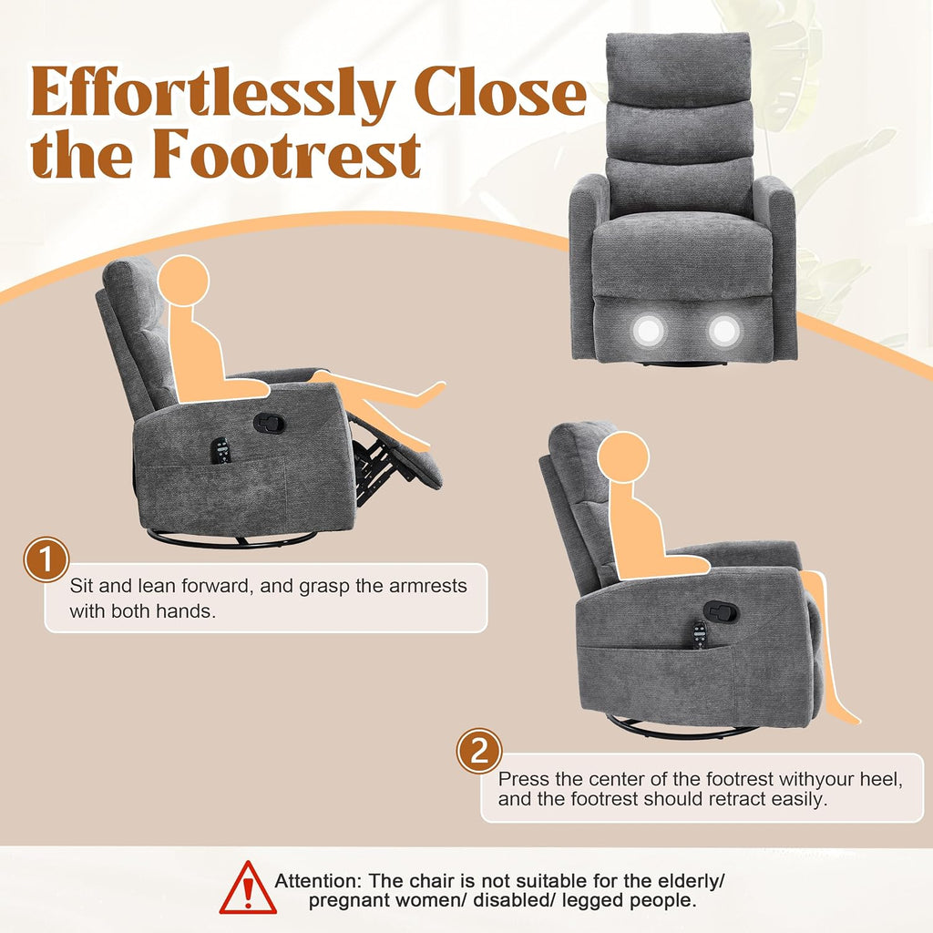 Manual Swivel Rocker Recliner Chair for Adults, Overstuffed Reclining Glider Chair for Nursing with Vibration Massage & Heat, Living Room Rocking Recliner 3-Stage backrest, Chenille Fabric Dark Gray