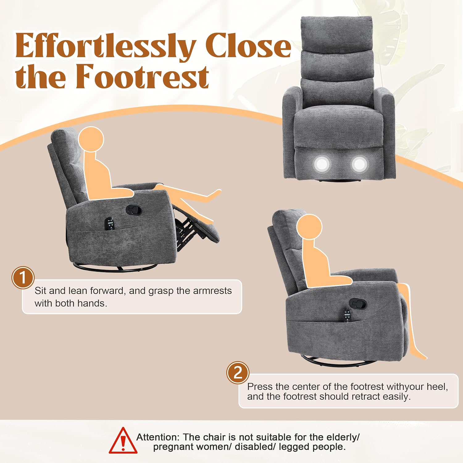 Manual Swivel Rocker Recliner Chair for Adults, Overstuffed Reclining Glider Chair for Nursing with Vibration Massage & Heat, Living Room Rocking Recliner 3-Stage backrest, Chenille Fabric Dark Gray