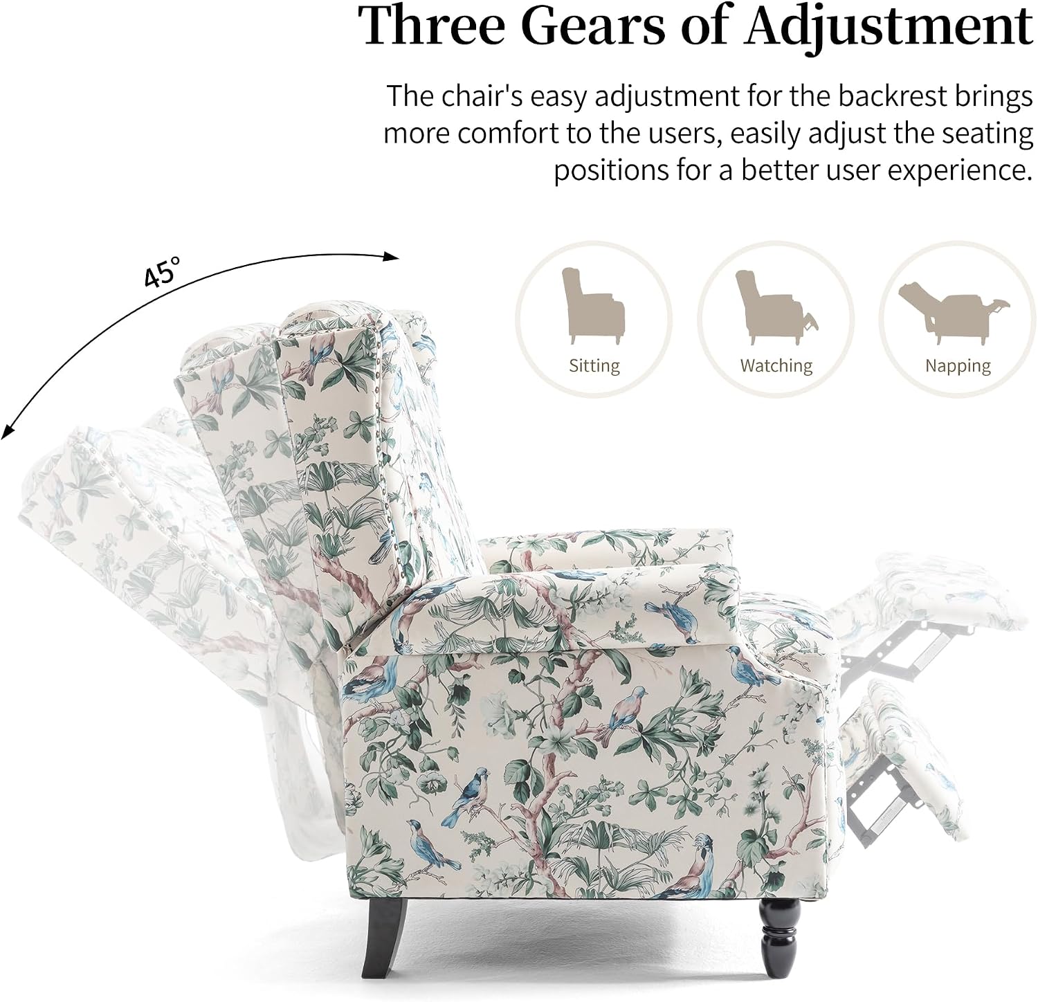Wingback Recliner Chair, Comfy Fabric Pushback Recliner Chair, Upholstered Armchair Push Back Recliner, Rivet Trim Single Sofa Accent Chair with Wood Legs for Living Room, Bird