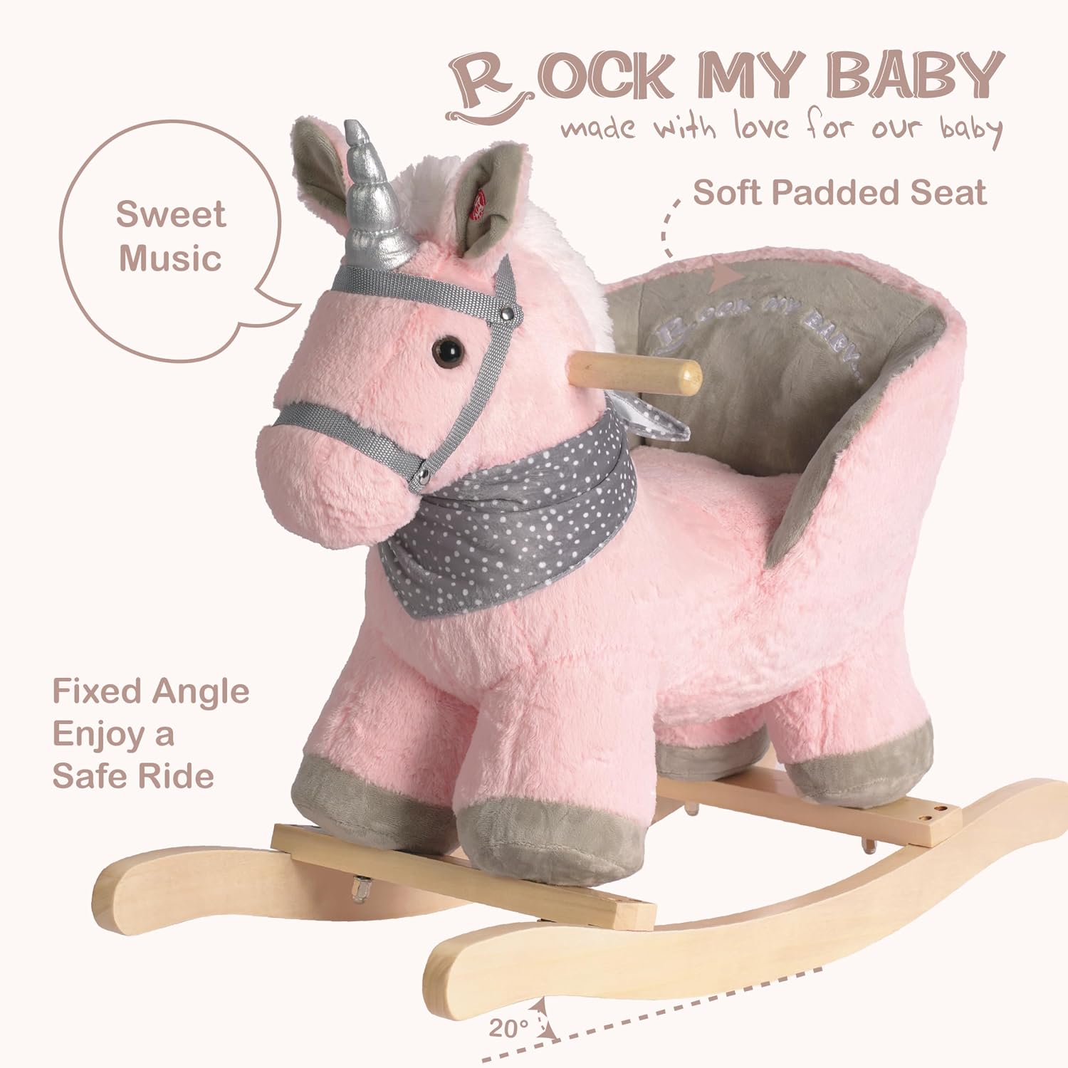 Baby Animal Rocker, Rocking Horse with Seat, Ride on Horse, Plush Rocking Horse with Unicorn Music, Wooden Rocking Horse for Toddlers 1-3, (Pink Unicorn), CPC Certified