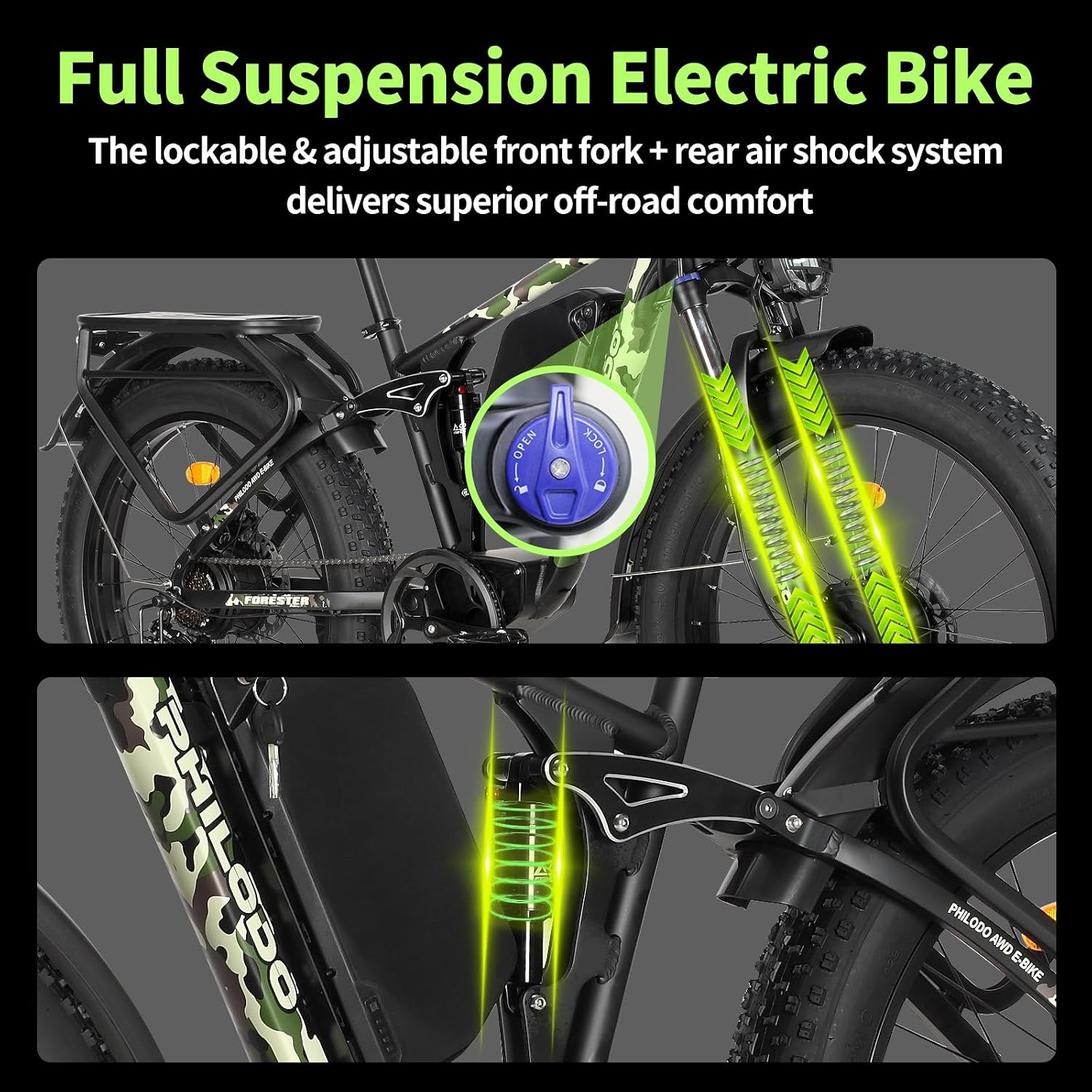 Forester 5000w Electric Bike, 60V 25Ah Bike Battery for Long Range with Dual Motor Ebike for Adults, 26x4 Electric Bike Fat Tires for All Terrain Electric Mountain Bike