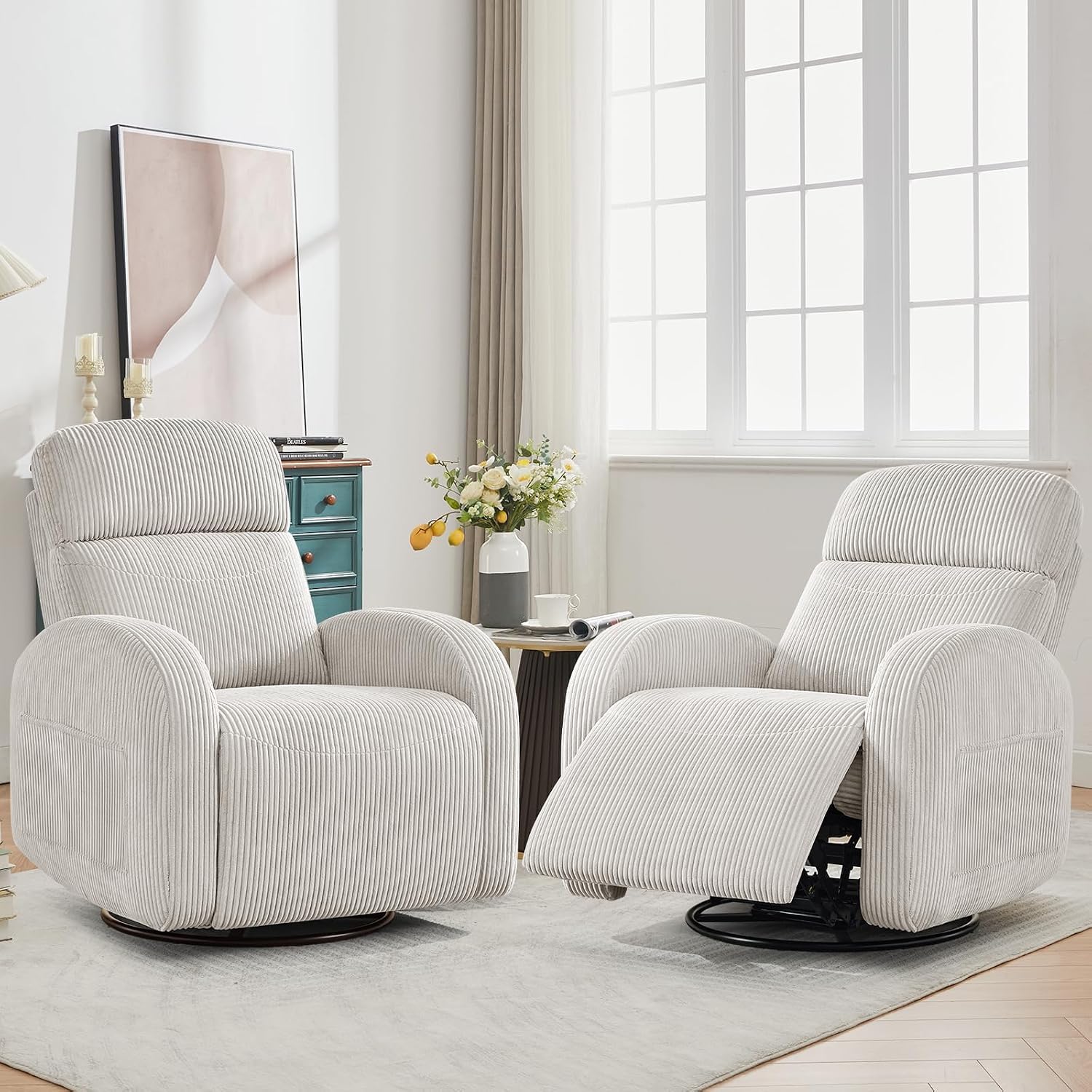 Swivel Rocker Recliner for Nursery, Glider Recliner Nursery Chair, Rocking Recliner Chairs with Double Pockets for Living Room, Camel Corduroy