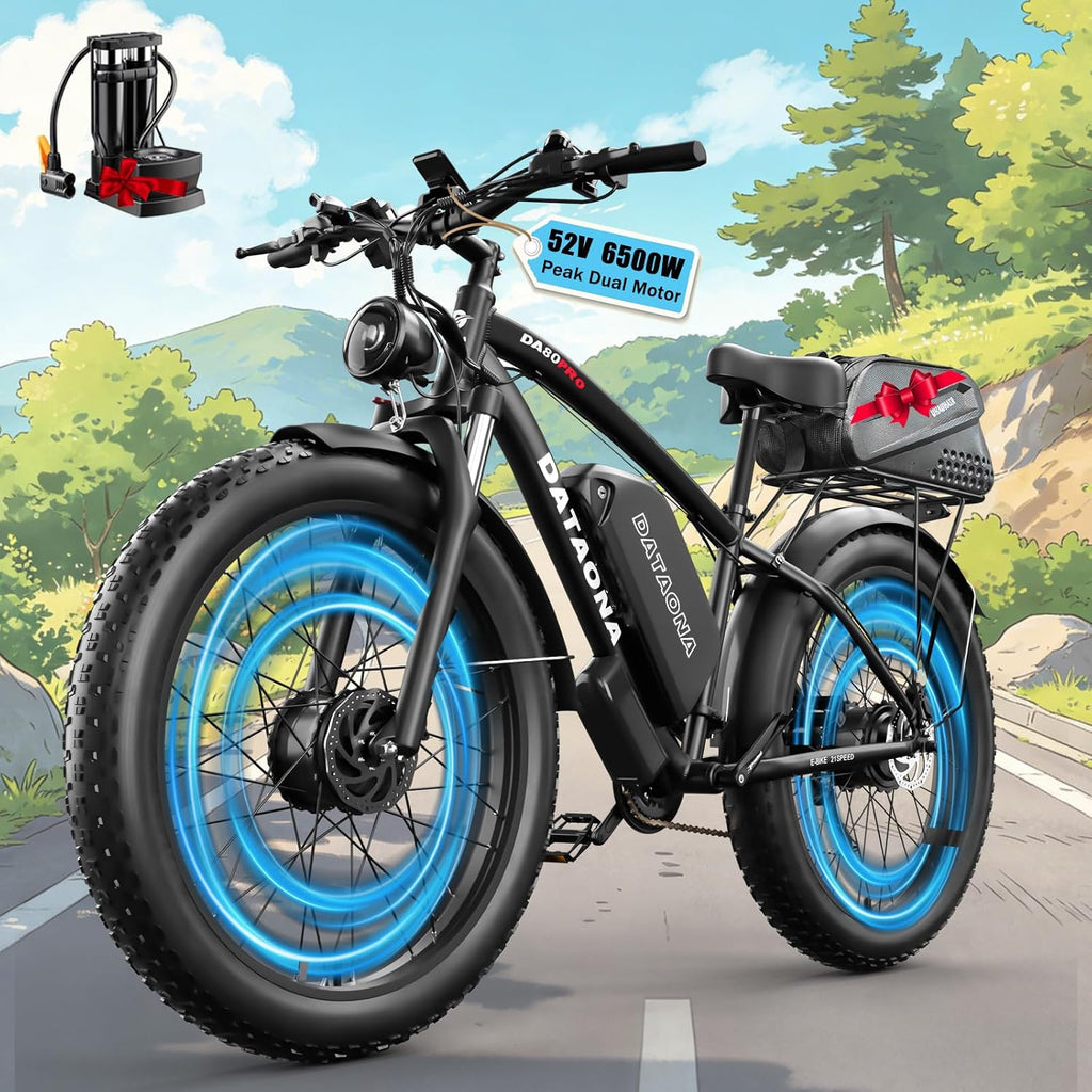 DATAONA 6500W Electric Bike for Adults: 45MPH Fast Dual Motor EBike, 24' 26' Fat Tire Electric Bike, 52V 32AH Battery Up to 100 Miles, Hydraulic Disc Brake E Bicycle for Mountain Off-Road Commuter
