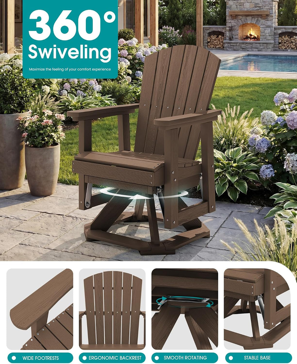 SERWALL Adirondack Swivel Glider, HDPE Glider for Outdoor, All-Weather Glider Rocking Chair for Porch, Balcony, Coffee Brown