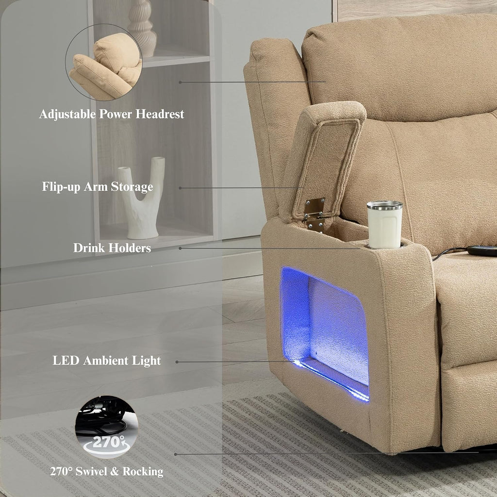 Power Oversized Swivel Rocker Recliner with Dual Motor Adjustable Headrest for Adults, Glider Rocking Chair with Heat Massage, LED Light, USB C Charging, Armrest Storage, Cup Holder