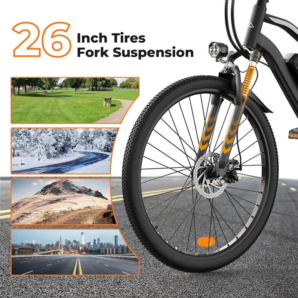 Electric Bike, 1500W/1000W/750W Peak Motor, 80/70/55 Miles Range & 20MPH Speed, 26'' Tires, APP Control E Bike, Shock Absorber, Adjustable Seat, Commuting Electric Bike for Adults