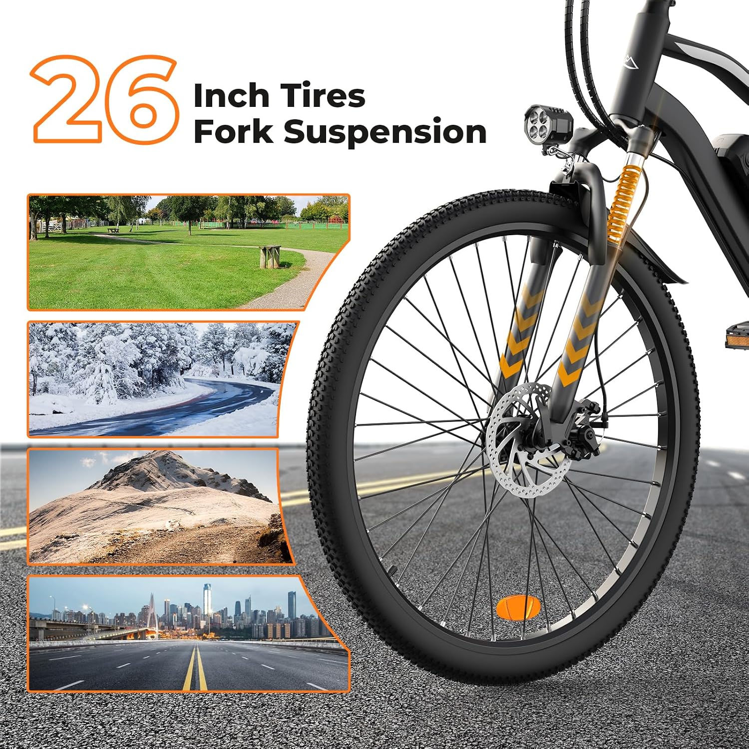 Electric Bike, 1500W/1000W/750W Peak Motor, 80/70/55 Miles Range & 20MPH Speed, 26'' Tires, APP Control E Bike, Shock Absorber, Adjustable Seat, Commuting Electric Bike for Adults