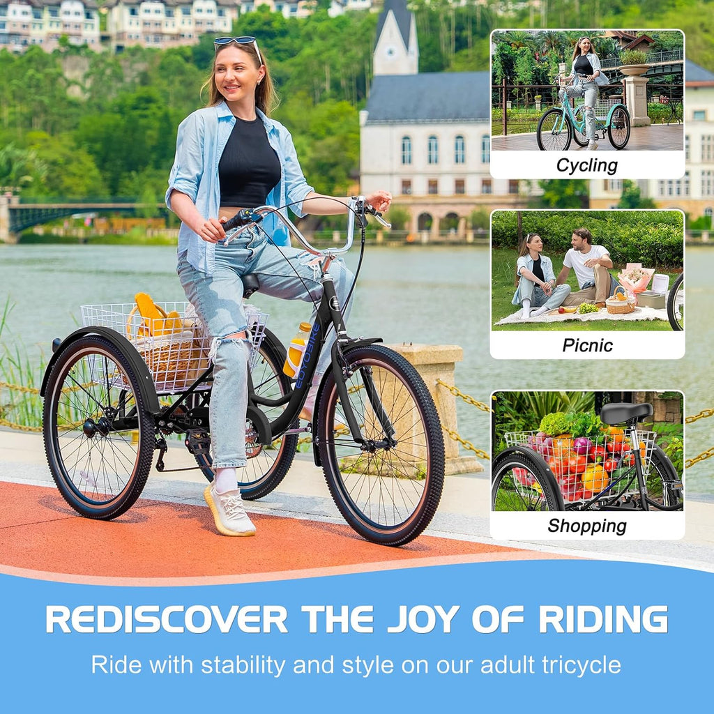 Slsy Adult Tricycle 7 Speed, 20/24/26 Inch Step-Through 3 Wheel Bike for Adults with Large Shopping Basket, 350 lb Capacity Adult Trike for Seniors, Women and Men