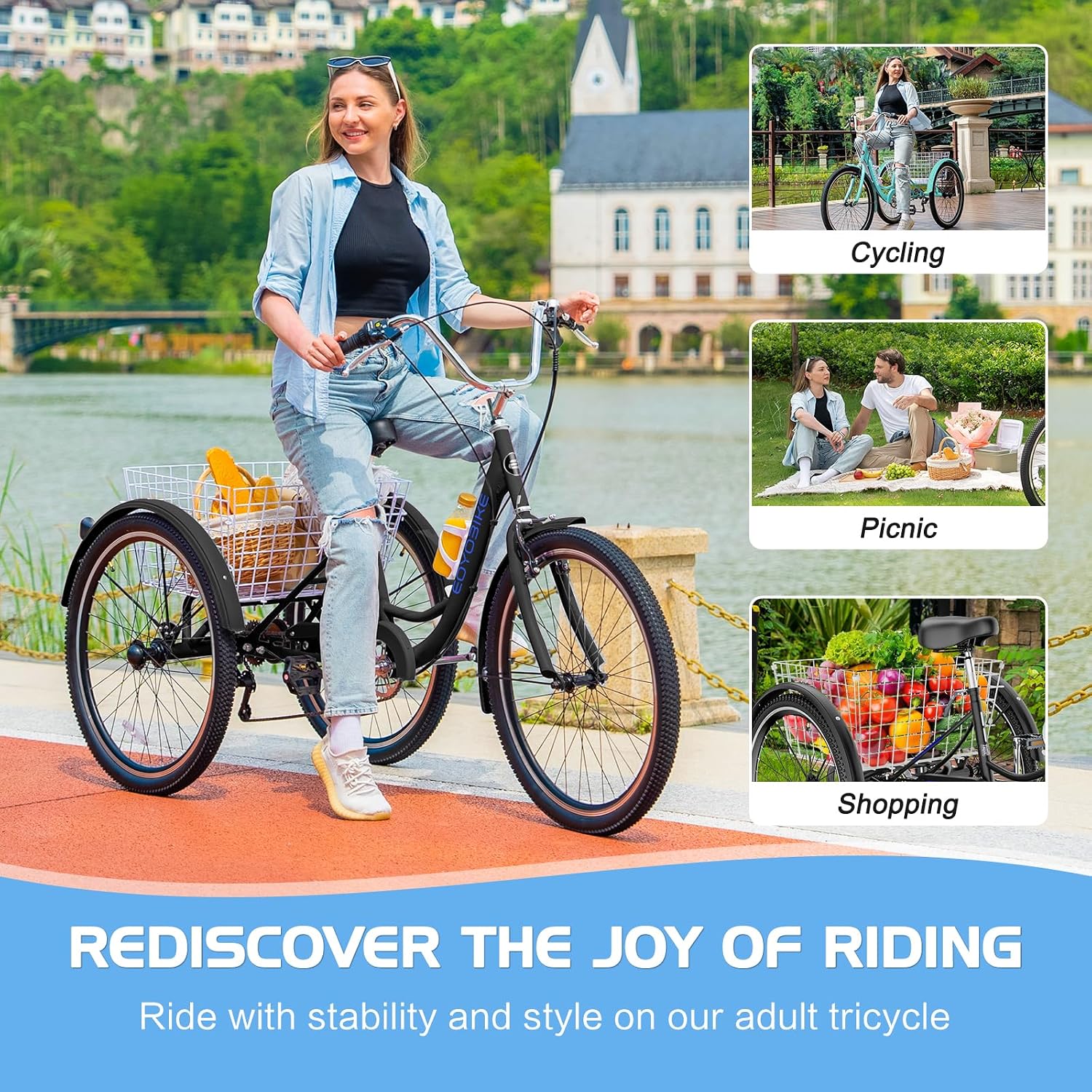 Slsy Adult Tricycle 7 Speed, 20/24/26 Inch Step-Through 3 Wheel Bike for Adults with Large Shopping Basket, 350 lb Capacity Adult Trike for Seniors, Women and Men
