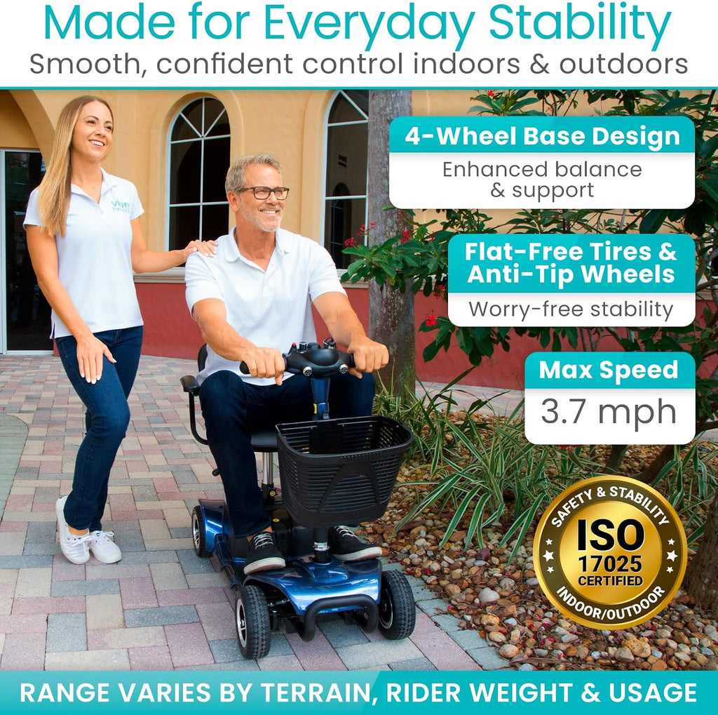Vive 4 Wheel Mobility Scooter - Electric Powered Wheelchair Device - Compact Heavy Duty Mobile for Travel, Adults, Elderly - Long Range Power Extended Battery with Charger & Basket