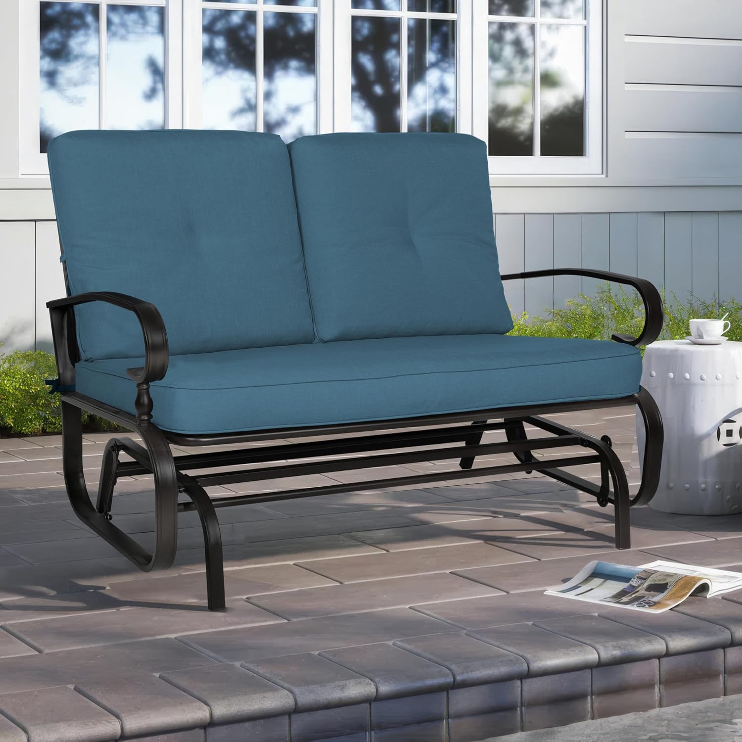Crownland Outdoor Patio Glider Chair, Rocking Glider Bench for 2 Person, Porch Furniture Loveseat Seating, Wrought Iron Patio Textilene Gliders for Outside, Porch, Garden(Peacock Blue)