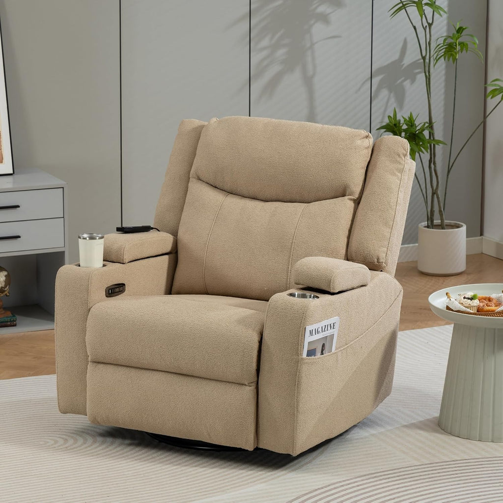 Power Oversized Swivel Rocker Recliner with Dual Motor Adjustable Headrest for Adults, Glider Rocking Chair with Heat Massage, LED Light, USB C Charging, Armrest Storage, Cup Holder