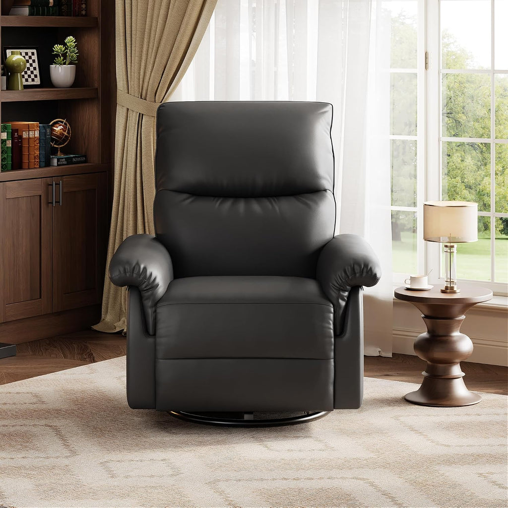 IDEALHOUSE Manual Recliner Chair, 360° Swivel Rocker Glider Recliner with Padded Armrests, Modern PU Leather Upholstered Reclining Chair for Living Room Bedroom and Nursery (Dark Black)