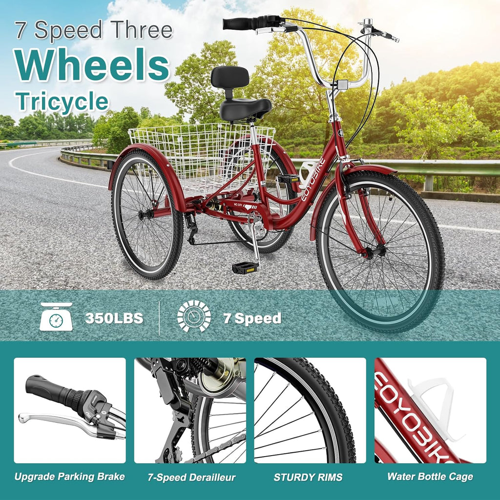 MOPHOTO Adult Tricycle 7 Speed, 20/24/26 Inch Low Step-Through Adult Trike with Large Rear Basket, 350 lbs Capacity 3 Wheel Bike for Seniors, Women and Men