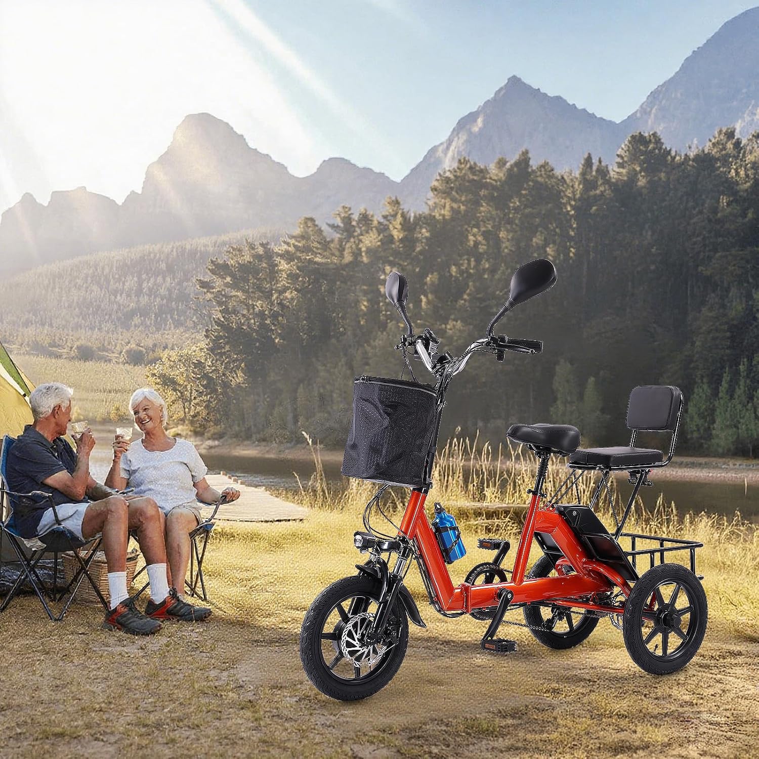E Trike Electric Bike, 350W(Peak 500W) Brushless Motor Folding Trike, 2 Seats Ebike, 480Wh Removable Battery, Step-Thru 3 Wheel Electric Bicycle, Up to 45 Miles, Tricycle for Adults Parents