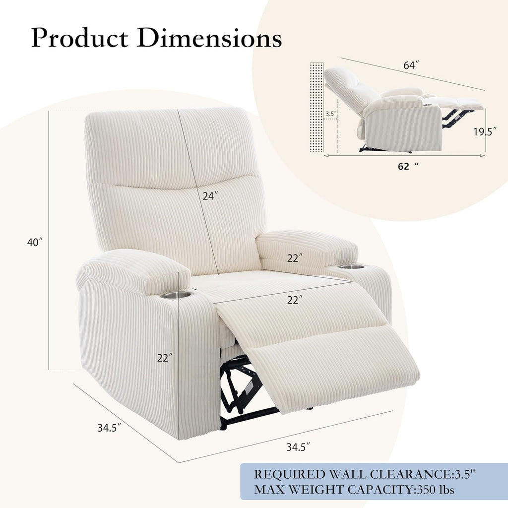 Manual Recliner Chair with Pull Ring, 3 Position 140° Reclining Sofa for Living Room, Nursery, RV, and Office,Oversized Recliner Chairs for Adults(White Corduroy Fabric)