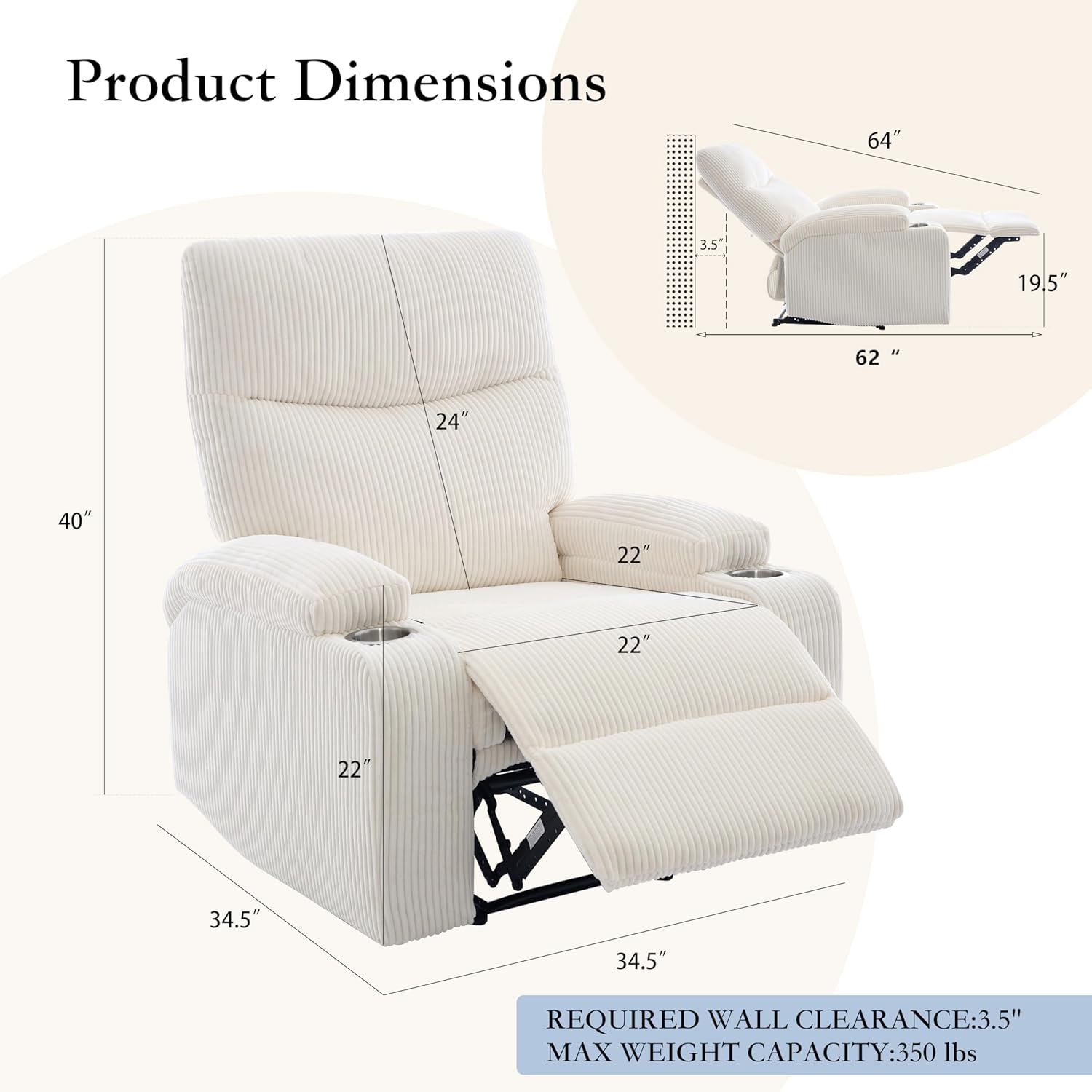 Manual Recliner Chair with Pull Ring, 3 Position 140° Reclining Sofa for Living Room, Nursery, RV, and Office,Oversized Recliner Chairs for Adults(White Corduroy Fabric)