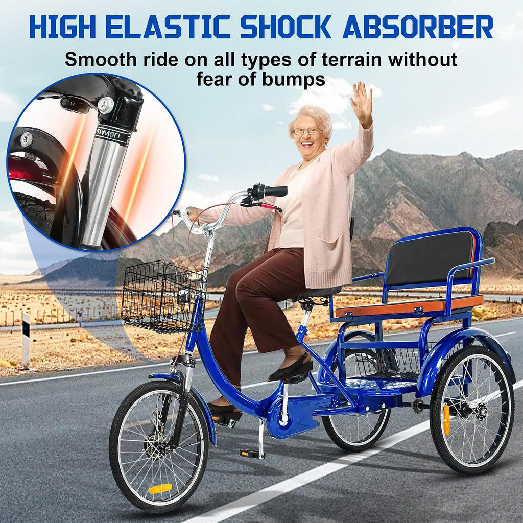 MOOITZ Adult Tricycle, 20 Inch 3-Wheel Bikes, Trike for Adults with Seat, Low Step-Through Cruiser Bike with Front and Rear Baskets, Adult Tricycles for Women, Seniors, Men