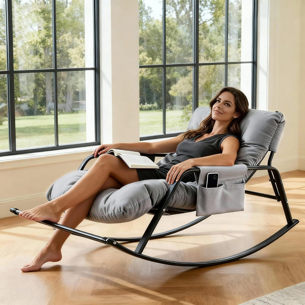 Oversized Papasan Rocking Chair, 35.8' Extra-Wide Sling Rocking Chair for Nursery & Patio, Waterproof Technical Leather Glider for Living Room Reading, Modern High Back Lounge Chair with Foot Rest