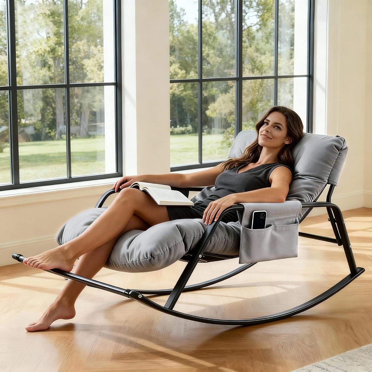 Oversized Papasan Rocking Chair, 35.8' Extra-Wide Sling Rocking Chair for Nursery & Patio, Waterproof Technical Leather Glider for Living Room Reading, Modern High Back Lounge Chair with Foot Rest