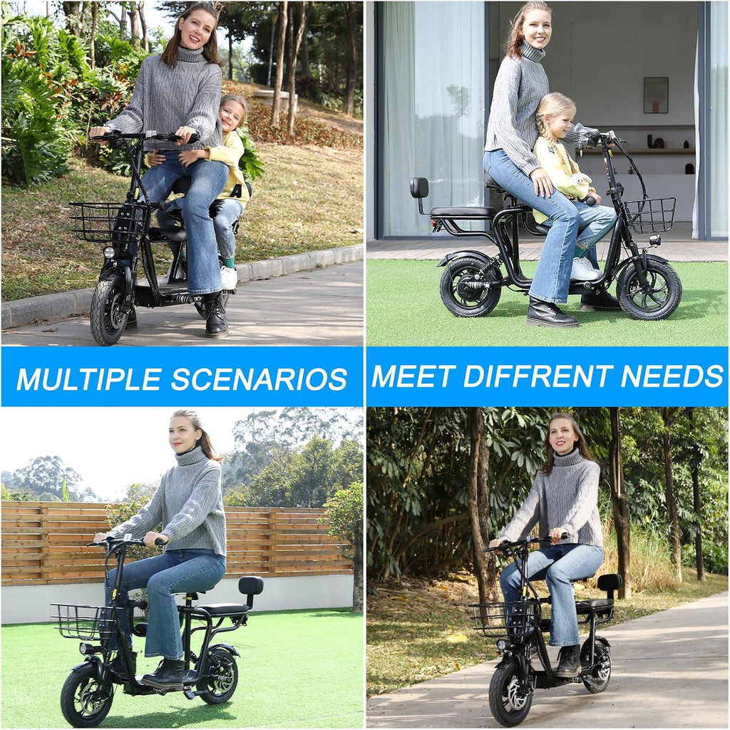 EILLEO Electric Scooter with 3 Seats for Adults Power by 500W Peak Motor, E Bike with 14' Pneumatic Tire and 20 Miles Range&17.4Mph, Electric Bicycle for Women/Man Black