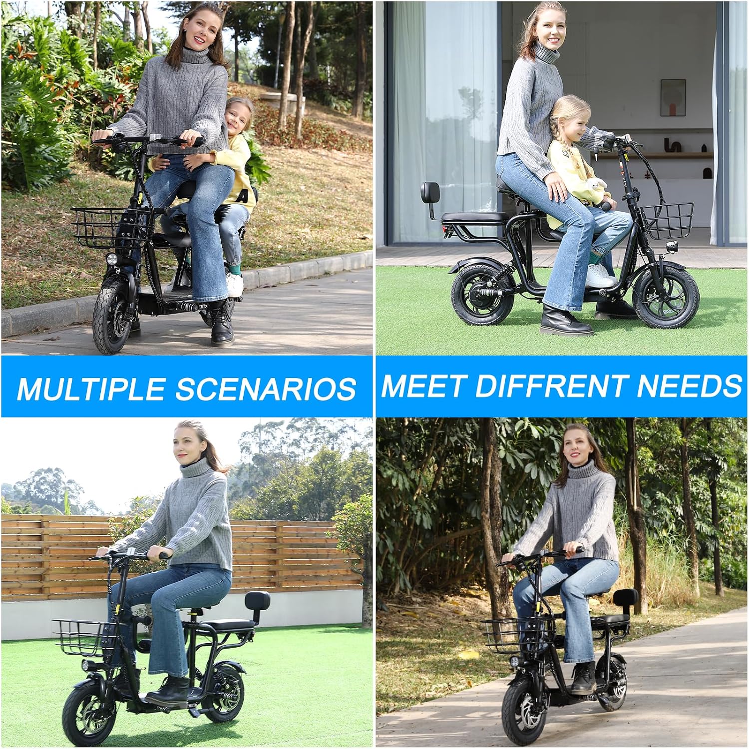 EILLEO Electric Scooter with 3 Seats for Adults Power by 500W Peak Motor, E Bike with 14' Pneumatic Tire and 20 Miles Range&17.4Mph, Electric Bicycle for Women/Man Black