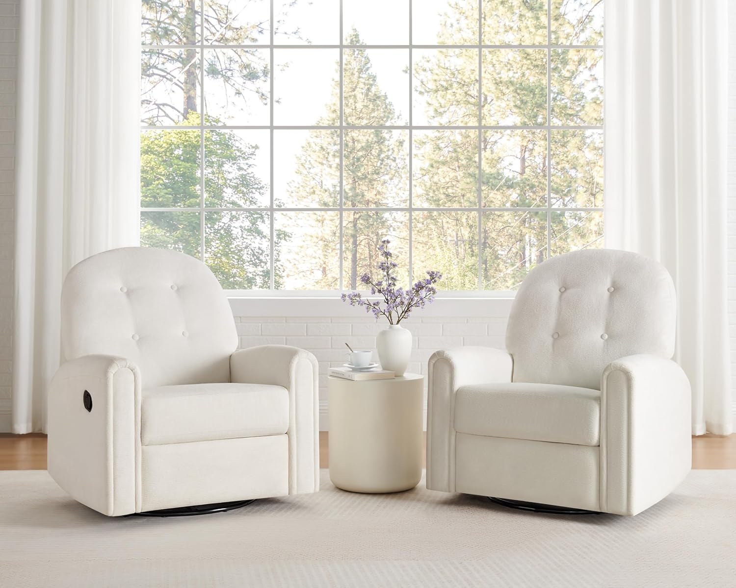 VANOMi 360 Swivel Rocker Recliner Chair, Nursery Rocking Chair with Tufted Backrest, Manual Recliner Chairs for Small Spaces, Upholstered Glider Nursing Chair for Living Room, Bedroom (White)