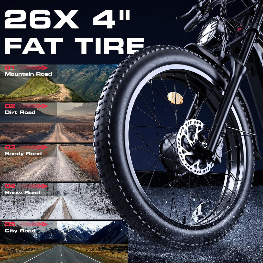 Seemoon Electric Bike for Adults, 52V 20Ah 26' Fat Tire Fast Ebike, up to 100 Miles, Hydraulic Brakes, Off-Road Mountain Hunting AWD Ebike for Men (Black)