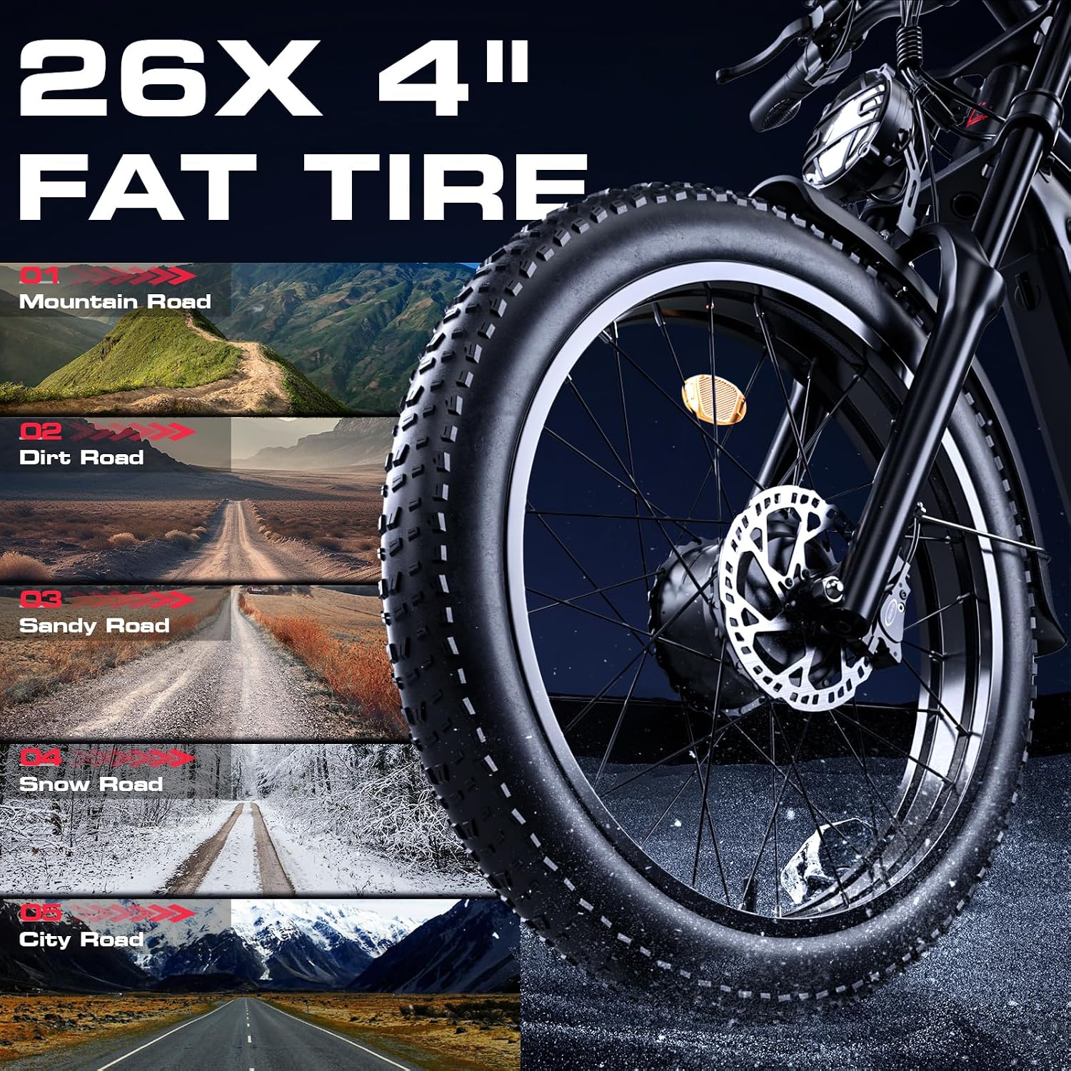 Seemoon Electric Bike for Adults, 52V 20Ah 26' Fat Tire Fast Ebike, up to 100 Miles, Hydraulic Brakes, Off-Road Mountain Hunting AWD Ebike for Men (Black)