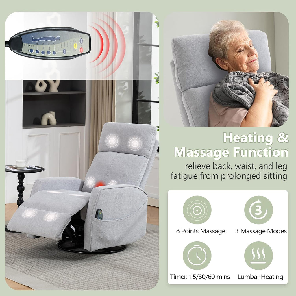 cinkehome Heated Massage Swivel Rocker Recliner Chair for Nursery - Small Space Reclining Chair with Lumbar Support, 360° Swivel & Gentle Rocking, Ergonomic High Back Short Plush Light Grey