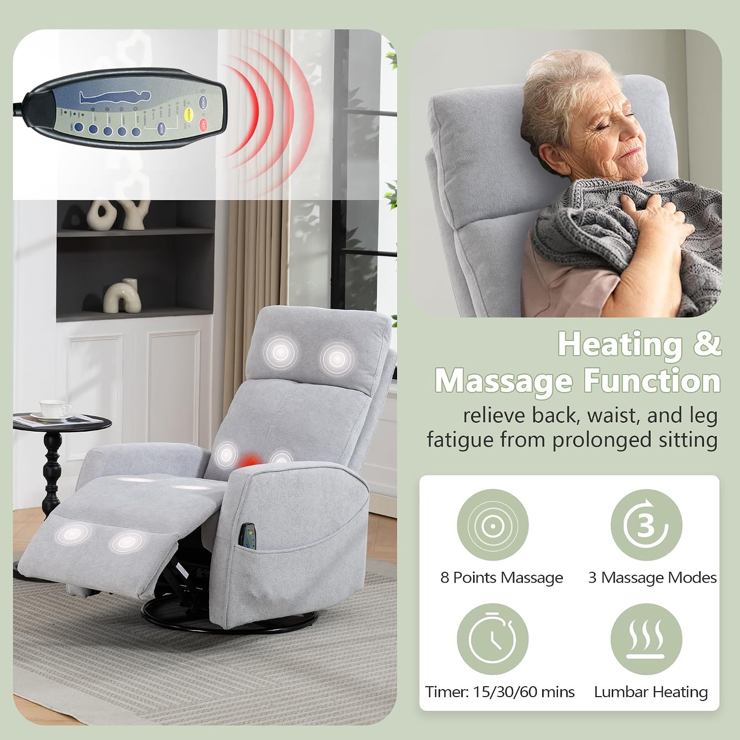 cinkehome Heated Massage Swivel Rocker Recliner Chair for Nursery - Small Space Reclining Chair with Lumbar Support, 360° Swivel & Gentle Rocking, Ergonomic High Back Short Plush Light Grey